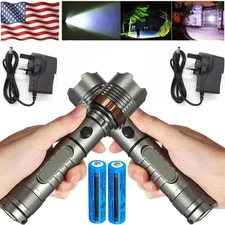 2PC 900000LM Tactical Military LED Flashlight Rechargeable 5-Mode Torch+Bat+Char