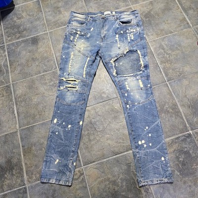 FWRD Denim Moto Jeans Mens 42 Blue Distressed Paint Splatter Biker Slim Fit