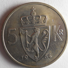 1964 NORWAY 5 KRONER - HARD TO FIND HIGH VALUE RARE  Coin - Lot #B18