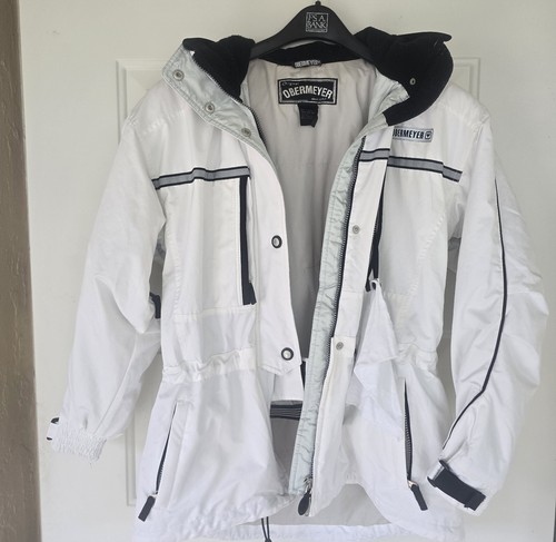 Obermeyer Womens 12 Hooded Zip Up Snap Ski Jacket White Black Stipe Zip Pockets - Picture 3 of 14