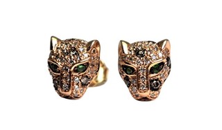 Vintage Effy Signature 14k Rose Gold Panther Diamond Tsavorite Stud Earrings