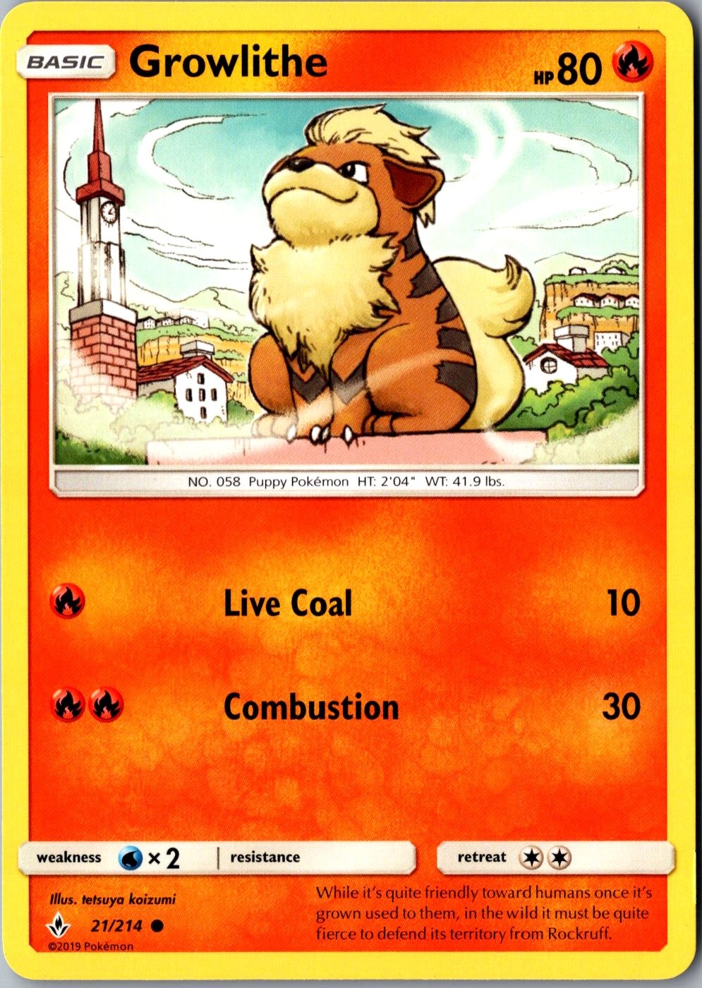 Growlithe 21/214 Common SM - Unbroken Bonds LP Pokemon Card