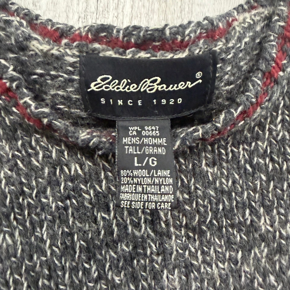 Vintage Eddie Bauer Sweater Men's Large Gray Wool Knit Fisherman Crewneck Cabin - Image 4 of 4