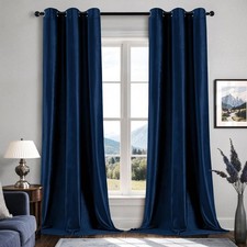 Navy Blue Velvet Curtains Living Room Grommet Thermal Insulated Room Darkenin...