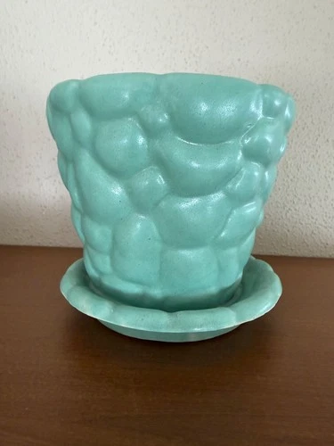 Vintage Brush McCoy Mint Green Pebble Flower Pot Attached Saucer