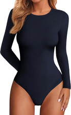  E5  Ribbed Bodysuit Long Sleeve Fitted Layering Crewneck Top  Navy  XL