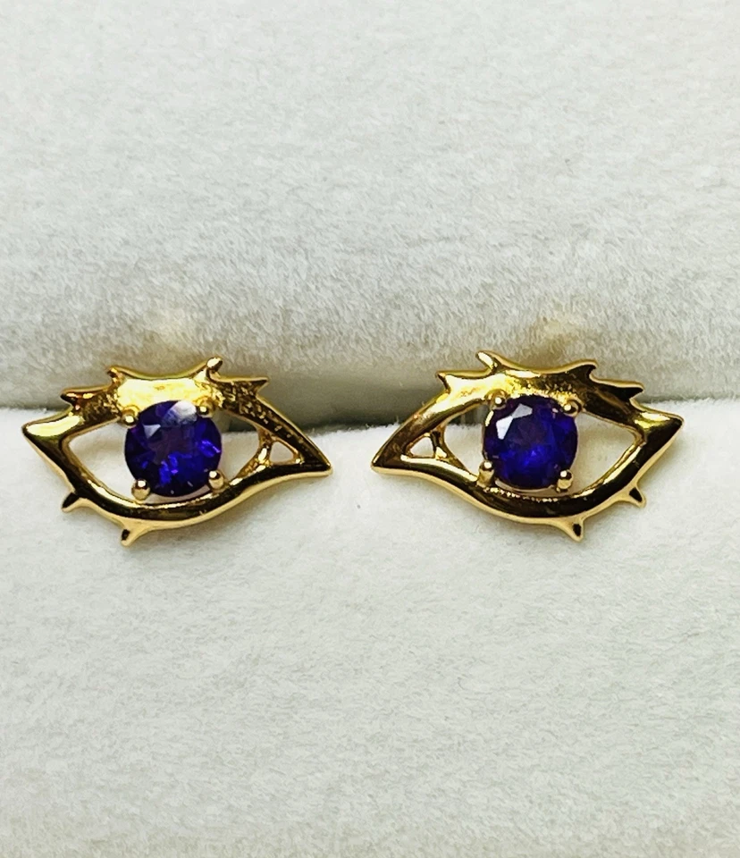 Divertidos aretes de oro de 18k de plata de ley 925 púrpura natural amatista mal de ojo Foto 4 de 4