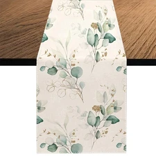 Watercolor Greenery Table Runner, Seasonal Summer Green and Gold Plant Holida...