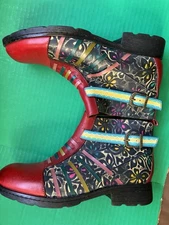 Socofy  Western Leather Side Zip Ankle Boots RED EU 41 US 9.5 Floral