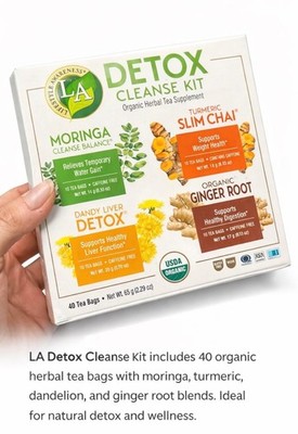 LA Detox Cleanse Kit with 40 organic herbal tea bags, including moringa.