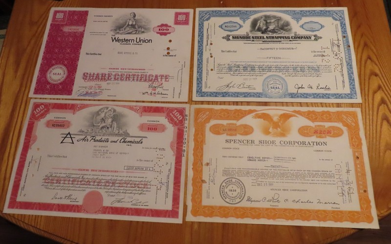 1970s Western Union, Air Products, Signode Steel, Spencer Shoe certificates nice