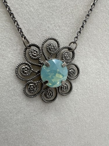 Sabika Resort Consultant Necklace Blue Opalescent Crystal Filigree Pendant