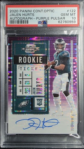Panini 2020 Contenders Optic Jalen Hurts Rookie Auto Purple Pulsar /21 #122 PSA