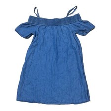 Q&A Off-the-Shoulder Mini Shift Dress Women M Blue Chambray Peasant Short Sleeve