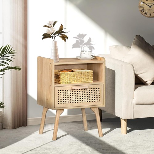 Rattan Nightstand, Bohemian Side Table with Drawers and Open Shelves (Natural) - Picture 2 of 8