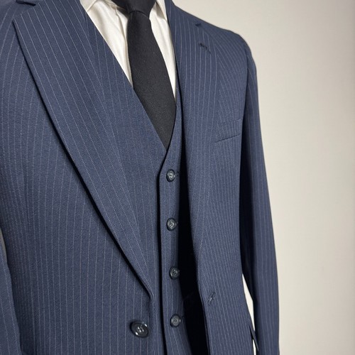 Custom Tailored Men's Suit 38R Blue Stripe Three-Piece 31W Vintage Great Gatby - Picture 2 of 14