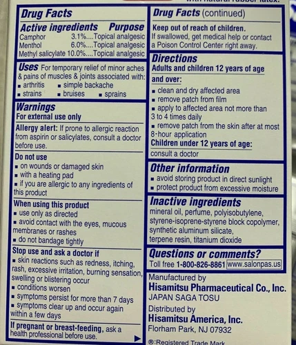 Salonpas Pain Relieving Patch 20/40/60/80/100/120/140 ct Hismitsu