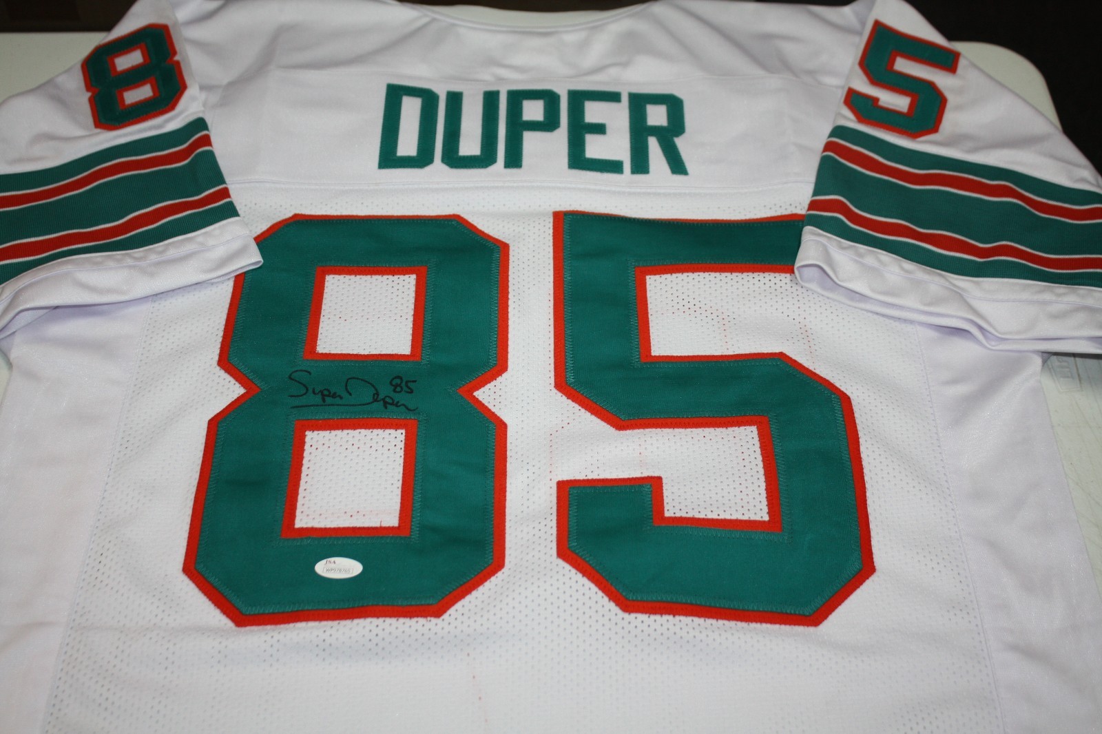 MIAMI DOLPHINS MARK DUPER #85 SIGNED ROAD JERSEY "MARKS BROTHERS" JSA WITNESS