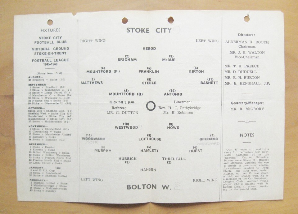 STOKE CITY v BOLTON WANDERERS FA Cup 1945/1946 Good Condition Football