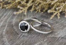 1.50Ct Round Cut Natural Black Onyx Halo Bridal Set Ring Sterling Silver 925