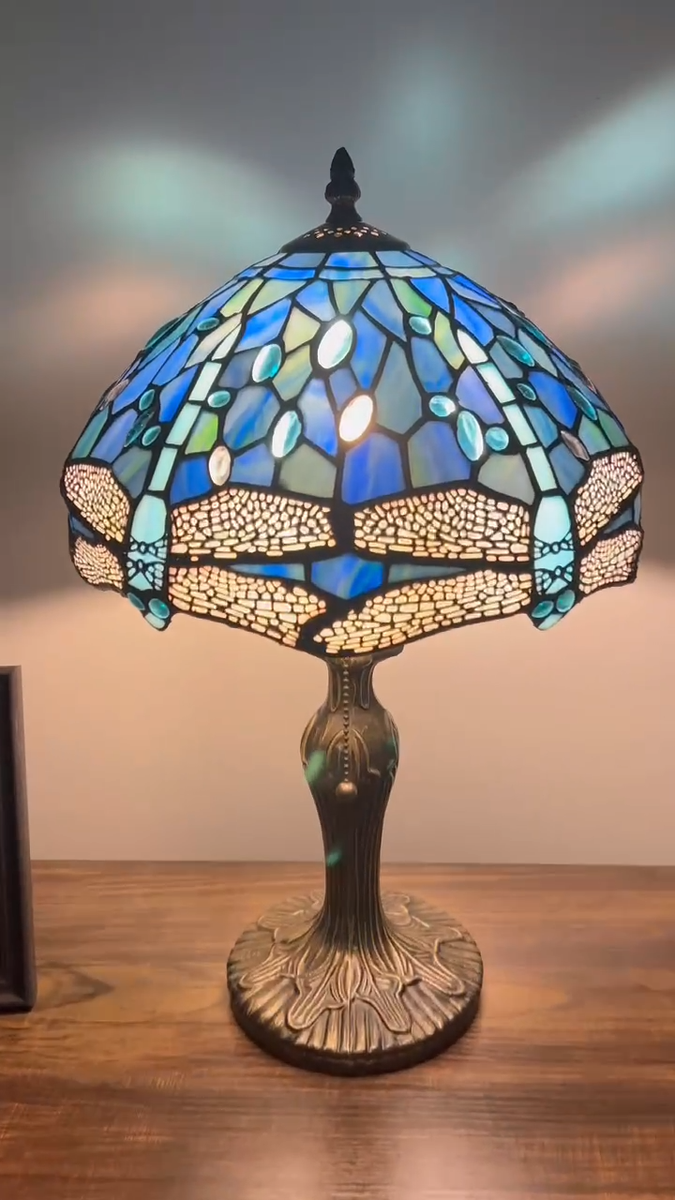 Tiffany Style Table Lamp Blue Stained Glass Dragonfly LED Bulb 19