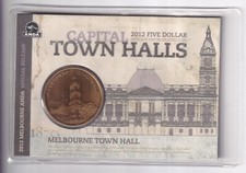 AUSTRALIAN: 2012 $5 CAPITAL TOWN HALLS MELBOURNE ANTIQUE UNC COIN ANDA RELEASE .