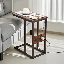 C Shaped End Side Table Nightstand with Charging Station & Power Outlets Bedroom