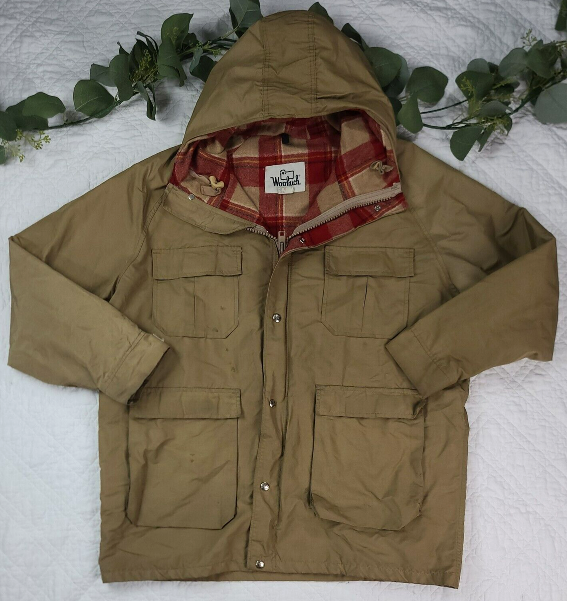 VTG Woolrich Men's Tan Nylon Full Zip Rain Jacket Size XL Wool