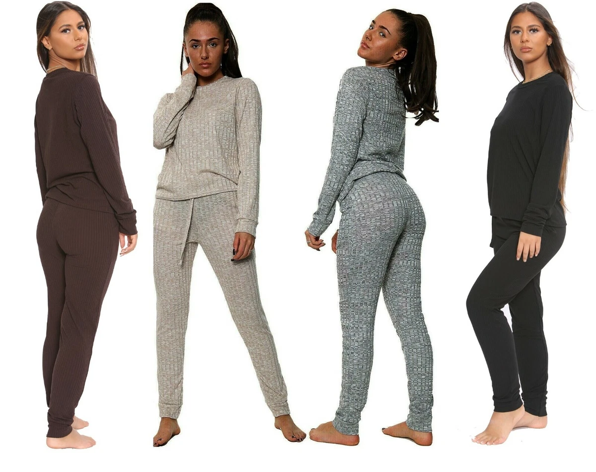 Ladies 2 Pcs Marl Knitted Ribbed Bottom Lounge Wear Suit Set Women's  Tracksuit