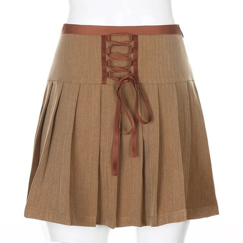 Khaki High Waist Pleated Mini Skirt Summer Hippie Tie Up Ribbon Zipper Bottoms - Bild 9 von 15