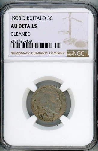 1938-D 5c Buffalo Nickel Five Cent Coin NGC AU Details, Cleaned