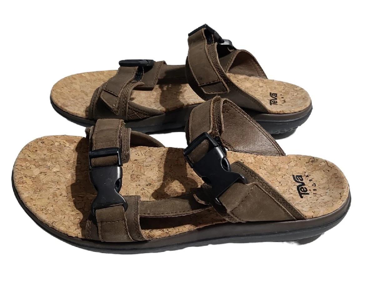 Teva Terra Float Slides Lux Sandals Mens Leather Brown Buckle Clip Closure 10