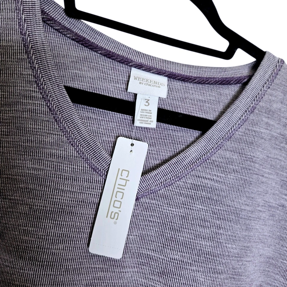 Weekends by Chico's Purple Knit V-Neck Short Sleeve Top 3 or L Basic Minimalist - Image 3 of 4