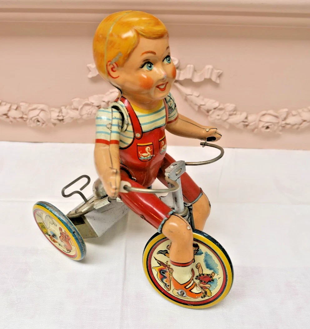 Vintage Blech Kiddy Radfahrer Aufziehspielzeug & Schlüssel! Junge auf dem Fahrrad/Trike! ~ Unique Art Co!