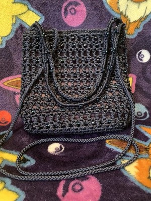 VTG Talbots Black Beaded Crochet Crossbody Bag Y2K Evening Purse Small Boho