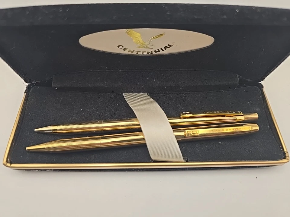 Juego de lápices bolígrafos mecánicos centenarios tono dorado caja original vintage Foto 2 de 4
