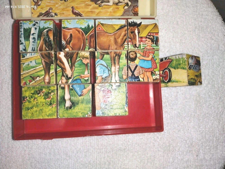 6 Sided Block Puzzle by Hermann Eichhorn Germany Children Farm Animals 50s W/Box - Image 2 of 4