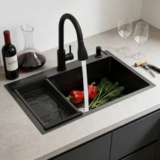 Kitchen Sink Stainless Steel Multi-functional w/ Drain Basket & Pull-out Faucet