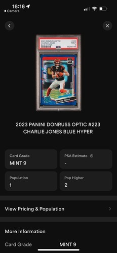 2023 Panini Optic #223 Charlie Jones RATED ROOKIE BLUE Hyper PSA 9 LOW POP - Bild 3 von 3