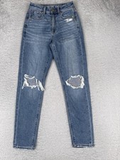 American Eagle Mom Jeans Womens 00 Blue Distressed High Rise Stretch 24x29