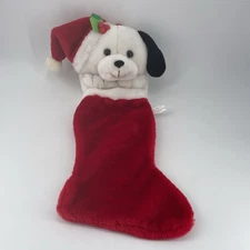 Vtg Kids Childs Christmas Stocking Dog Puppy Head Plush Santa Hat 21"