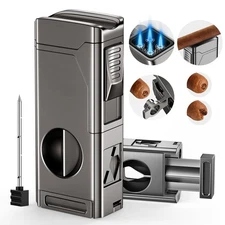 Tesonway Cigar Torch Lighter 4 Jet Flame Cigar Lighter with Cigar Cutter V Cu...