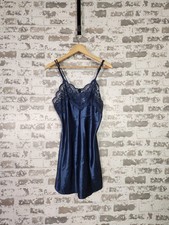 VTG Satin Lace Full Slip Dress Nightgown Navy Blue Small Romantic Glam READ
