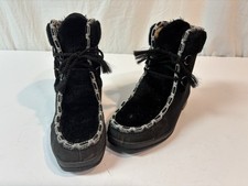Vintage Snowland Black Suede Leather Faux Fur Low Boot Lace Up Sherpa Lined 7