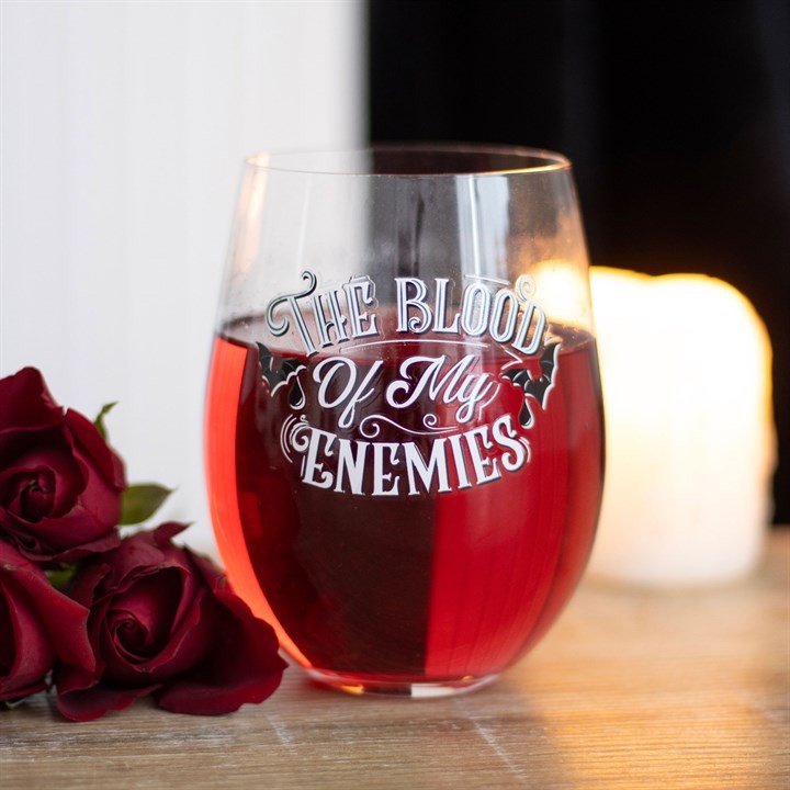 Blood Of My Enemies Gothic Vampire Stemless Wine Glass. Gift For Wine Lovers