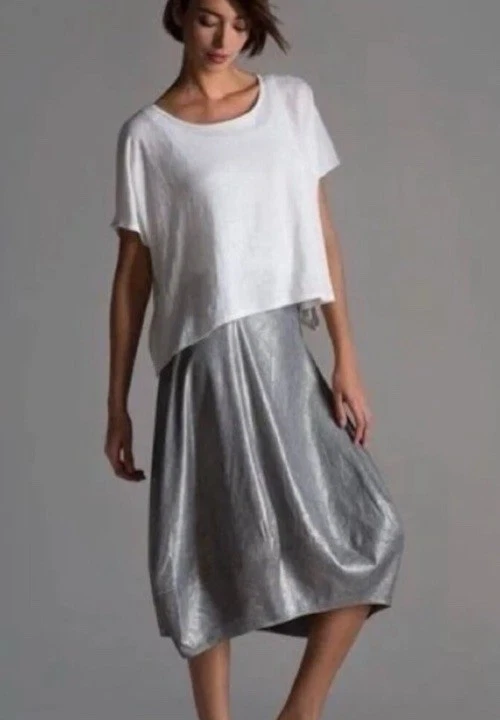 EILEEN FISHER LANTERN SKIRT SILVER METALLIC LINEN-BLEND SIZE Medium