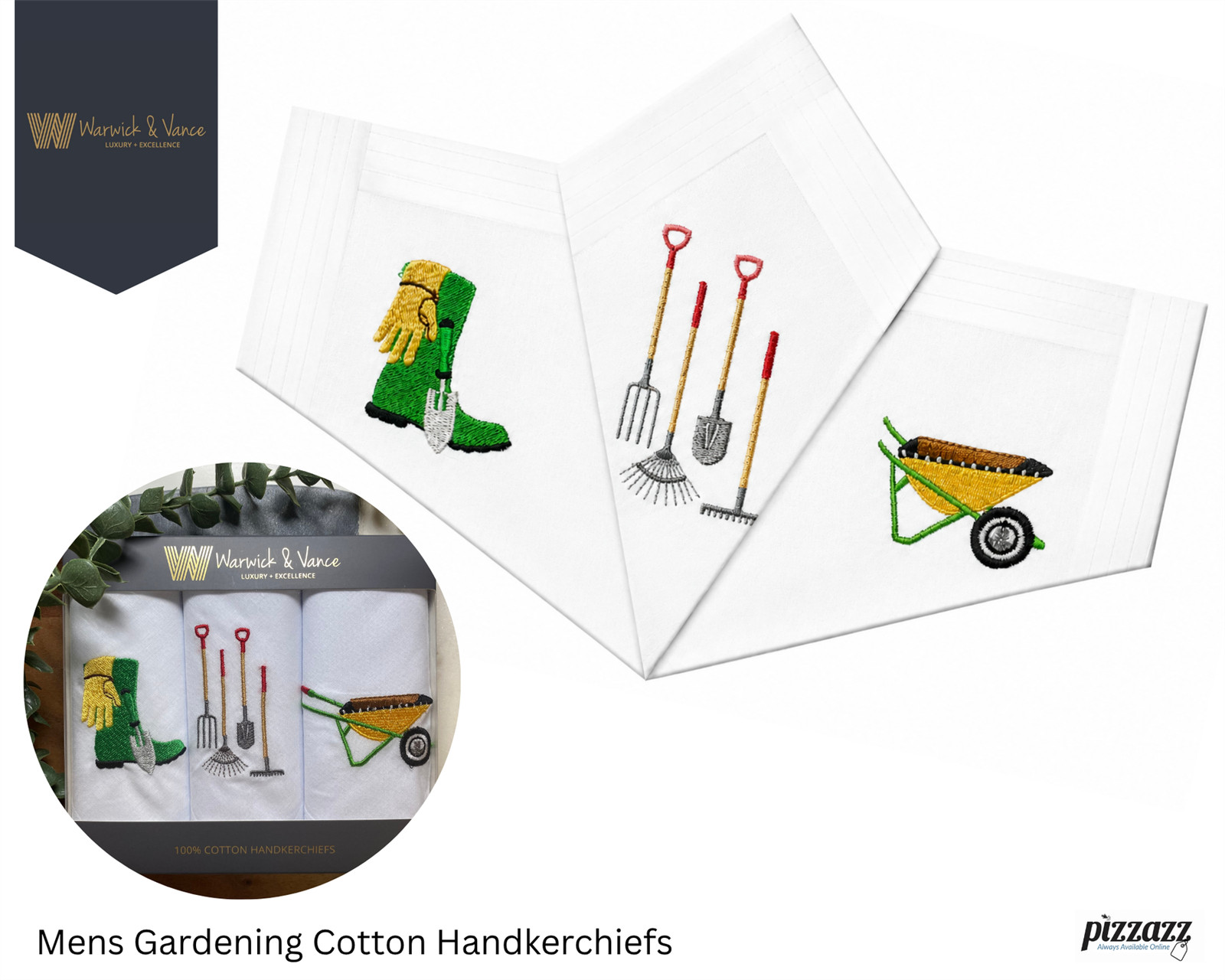 Mens Handkerchiefs 100% Cotton Embroidered Gardening Gift Boxed Hankies 3 Pack