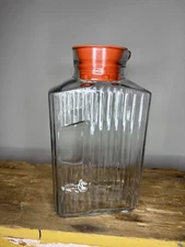 VTG Anchor Hocking Ribbed Glass Refrigerator Bottle Water 2 Qt Juice w/Red Lid
