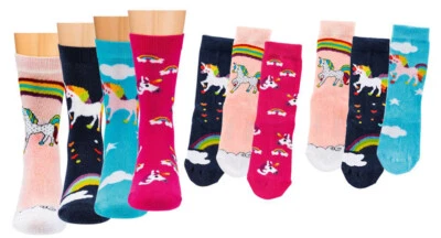 Kinder-Socken, schöne Einhorn-Motive, Baumwolle, handgekettelte Naht, 3 Paar