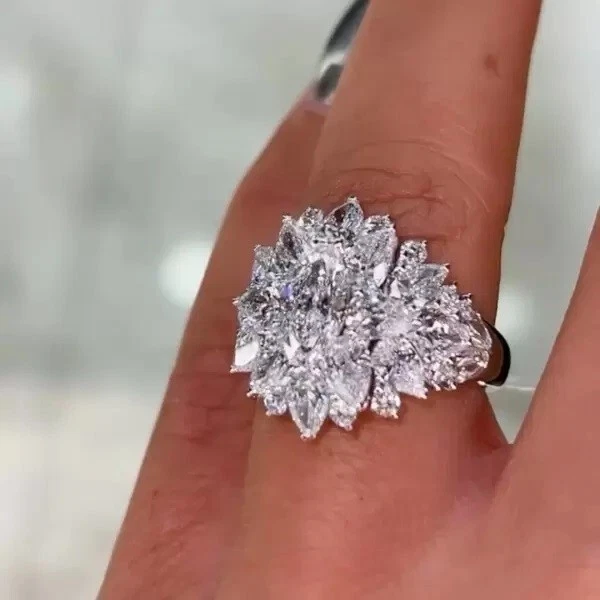 6 ct Lab Created Muiti Cut Cluster Diamond Engagement Ring 14K White Gold Plated - Image 4 of 4